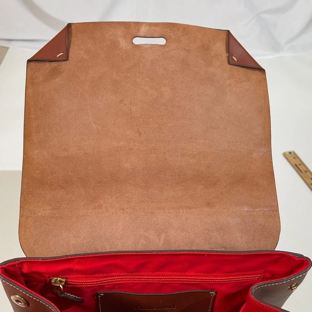 Paul Stuart 100% Leather Backpack Tan Brown Red Lining Gold Hardware
